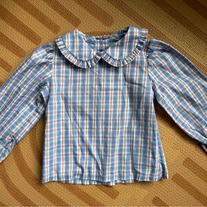 Little English Blue and White Gingham Blouse with Ruffled Collar